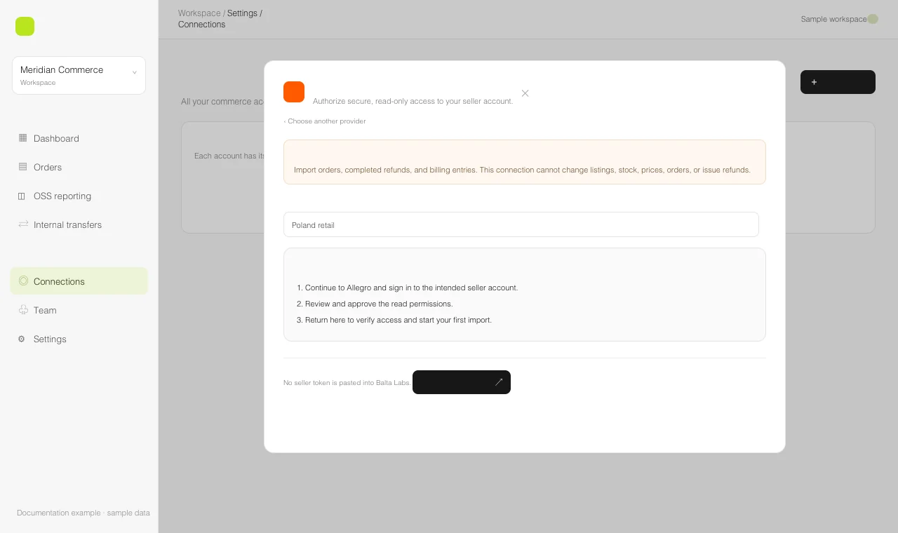 Illustrative Balta Labs Allegro authorization form showing read-only access and the Continue to Allegro action, not an Allegro consent page.