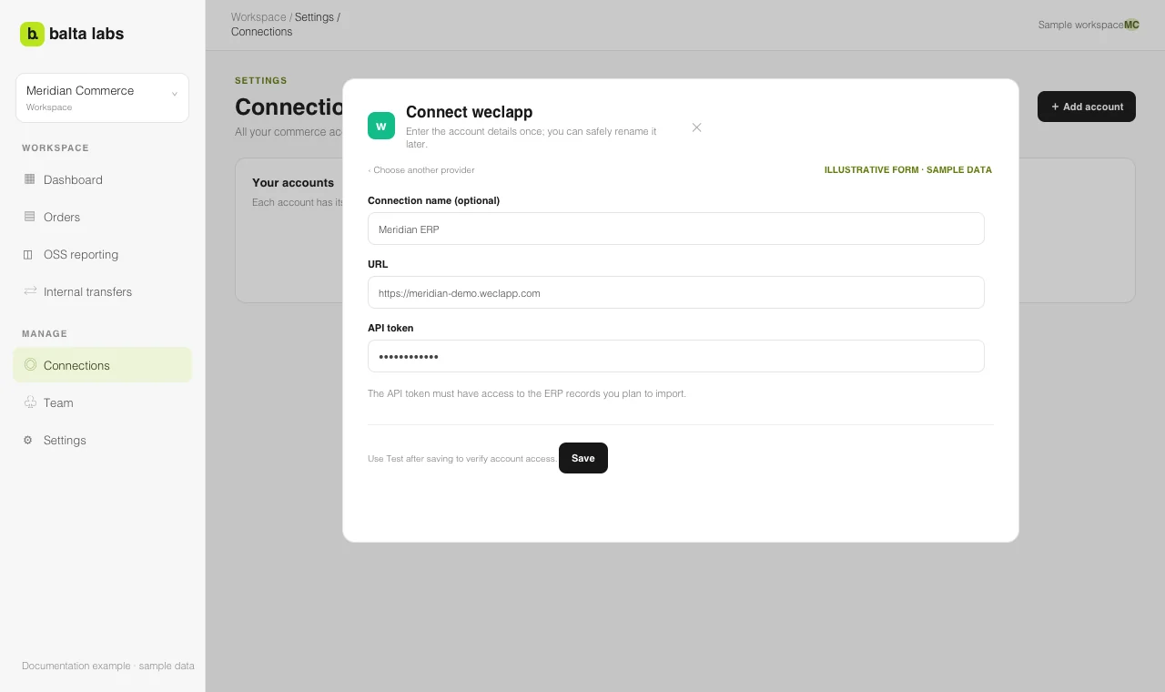 Illustrative Balta Labs weclapp connection form with a sample account URL and hidden API token placeholder.