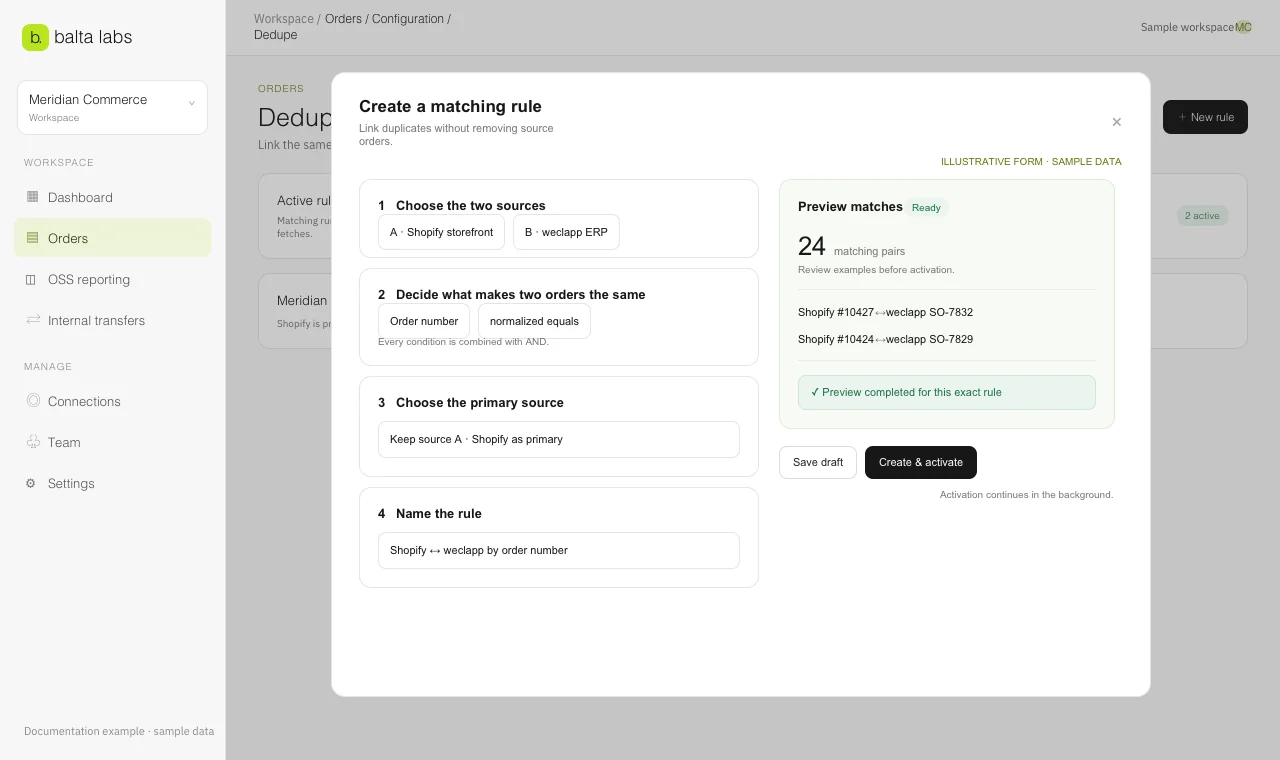 Illustrative deduplication rule editor with two sample connections, identifier checks, and a live preview.