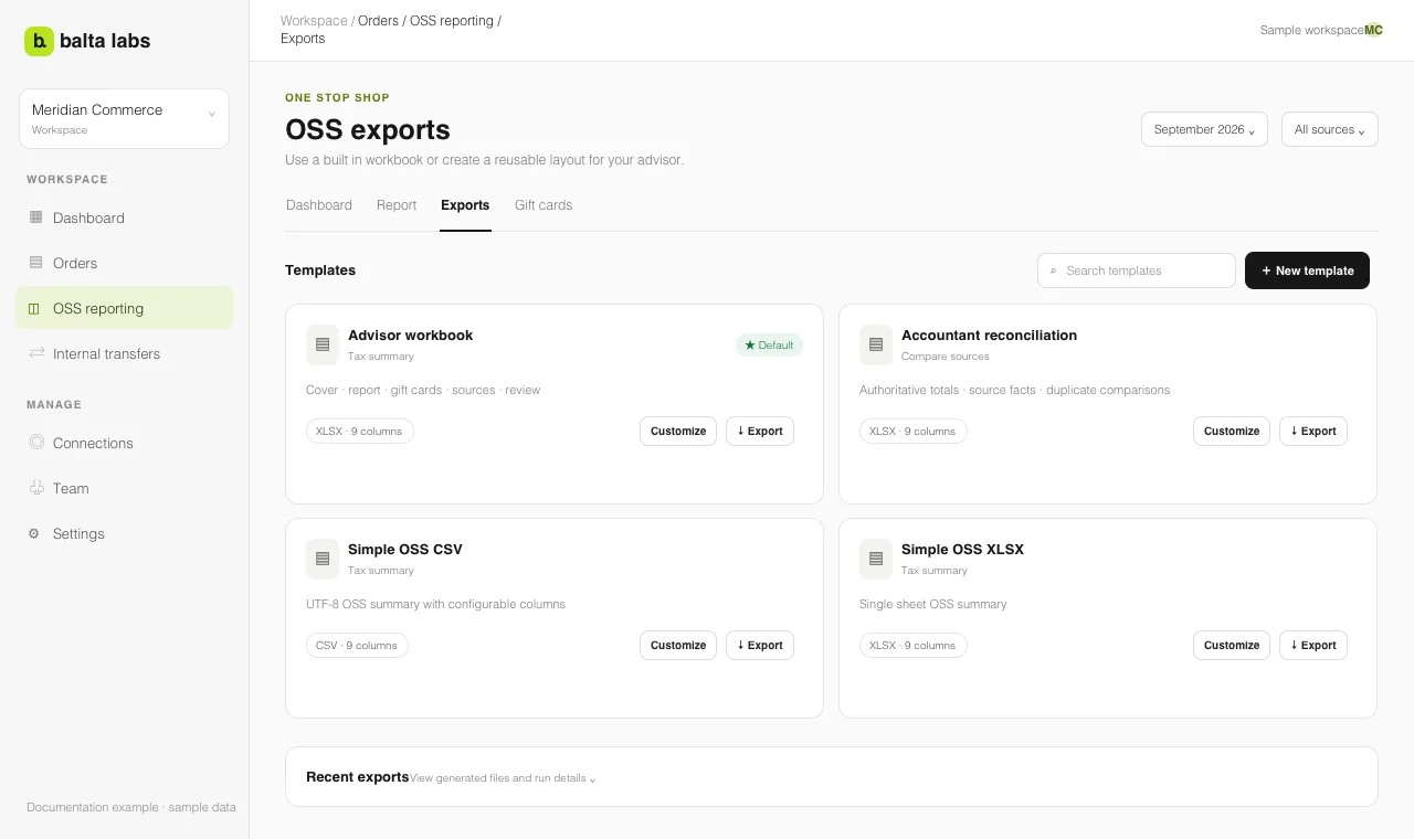 OSS Exports page showing four built-in templates and a recent exports section.